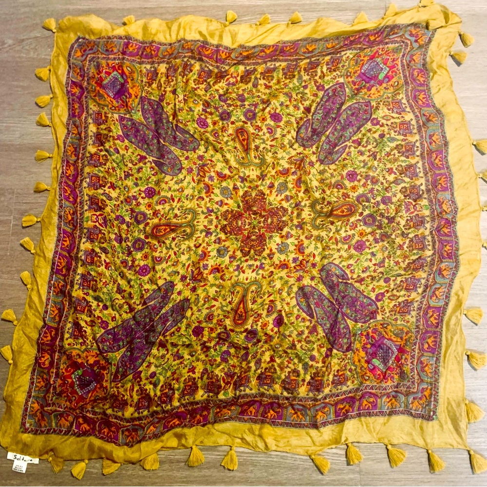 Vintage Solitaire 100% Silk Scarf with Tassels